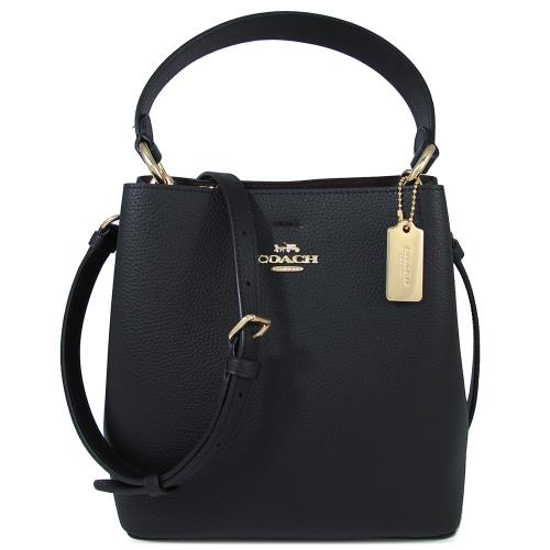 COACH  馬車LOGO黑色荔枝紋牛皮兩用水桶包(小)