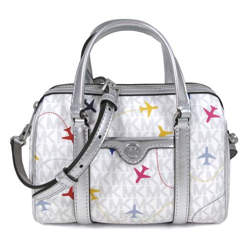 MICHAEL KORS 銀字LOGO防刮飛機壓紋波士頓兩用包(小款/白銀色 )