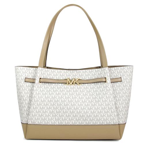 MICHAEL KORS REED金字滿版LOGO配飾大托特肩背包(白咖色)