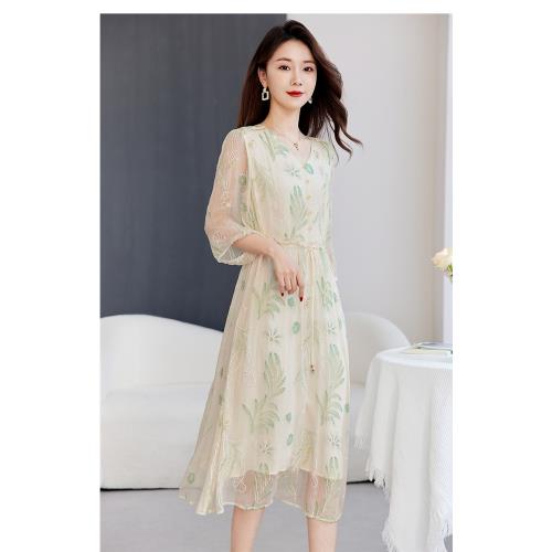 【伊凡莎名媛時尚】南法名媛貴族風韻藝術/刺繡印花蠶絲洋裝-AB款