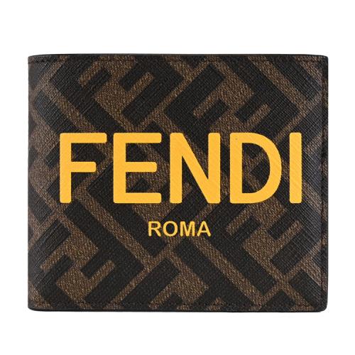 FENDI 7M0339 品牌LOGO花紋撞色皮革零錢短夾.深咖/黃