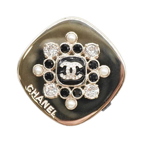 Chanel 方牌珍珠水鑽胸針(金)