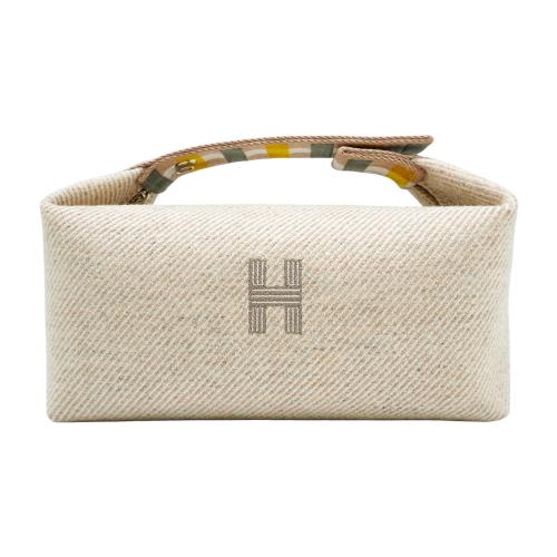 Hermes Bride-a-Brac 帆布格紋手提小號便當包(米灰色)