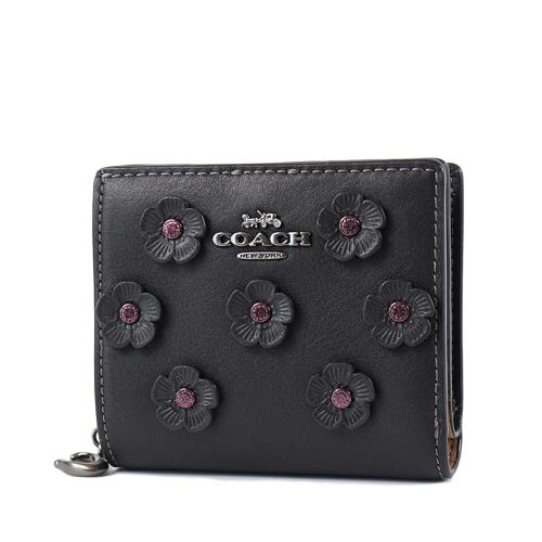 COACH 立體花朵滑面皮革釦式拉鍊袋短夾-黑色