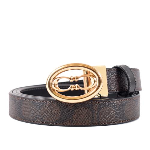 COACH 女款 鏤空金字雙C緹花LOGO雙面用皮帶-咖啡色/黑色