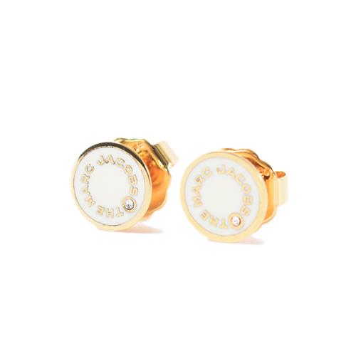 MARC JACOBS 專櫃款 圓牌LOGO晶鑽針式耳環-白色
