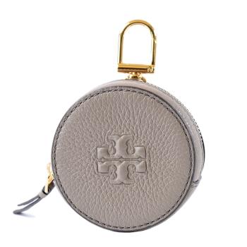 TORY BURCH THEA 浮雕LOGO荔枝紋圓型拉鍊零錢包-大象灰