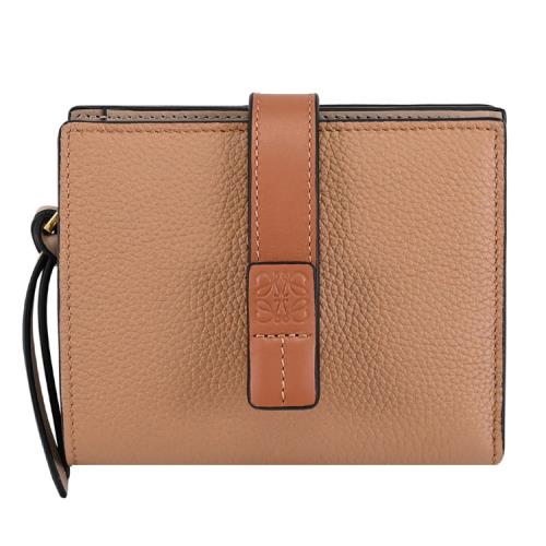 LOEWE 烙印LOGO撞色款小牛皮扣式拉鍊零錢短夾.棕色