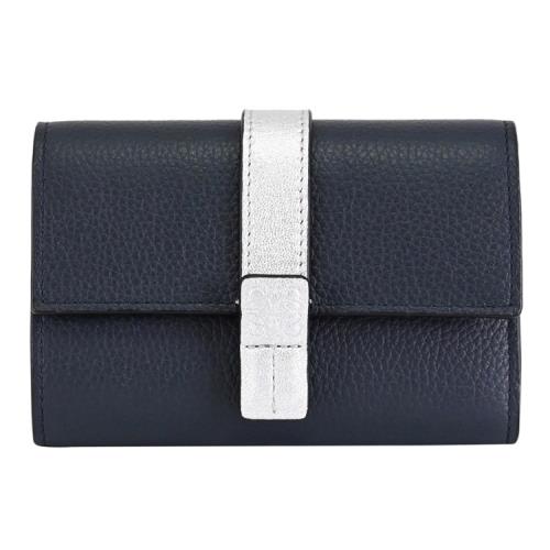 LOEWE 品牌烙印LOGO撞色小牛皮扣式零錢短夾.深藍/銀