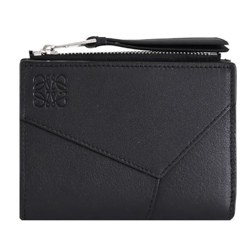 LOEWE PUZZLE 品牌烙印LOGO車線牛皮對開零錢短夾.黑