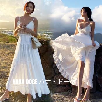 HANA DOGE ハナ・ドーゲ 歐美度假風浪漫性感V領蕾絲鈎花拼接長洋裝