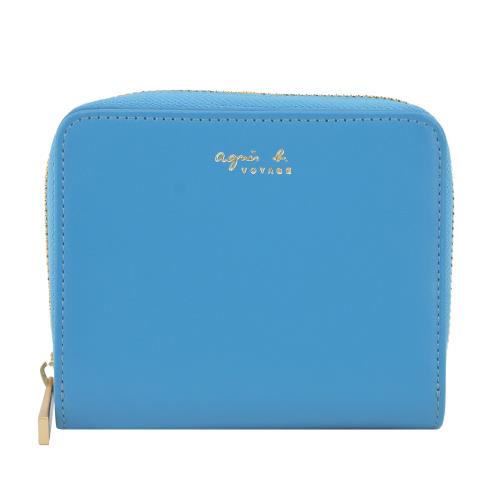 agnes b.素面皮革短夾-藍(附盒)