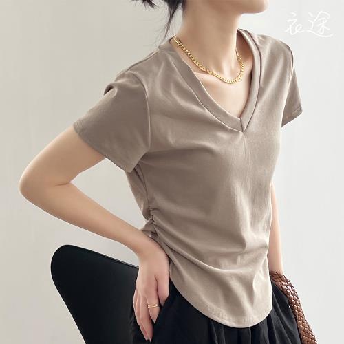 【衣途】雙設計感褶皺V領短袖T恤女上衣(百搭/透氣/舒適/5色可選/FREE/KDTY-B675)
