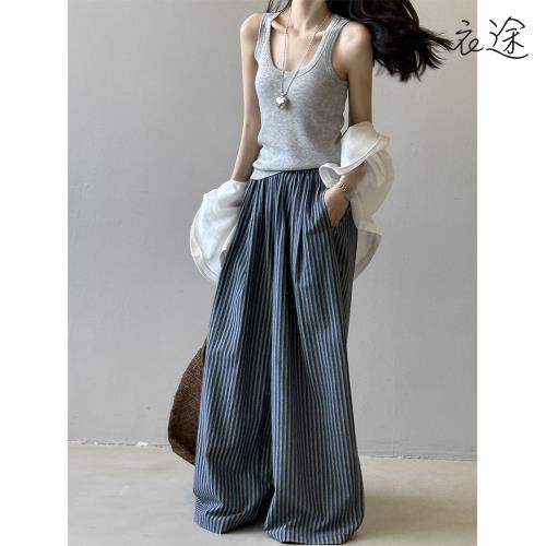 【衣途】條紋直筒高腰寬褲女長褲(百搭/透氣/舒適/3色/M-XL/KDPY-B215)