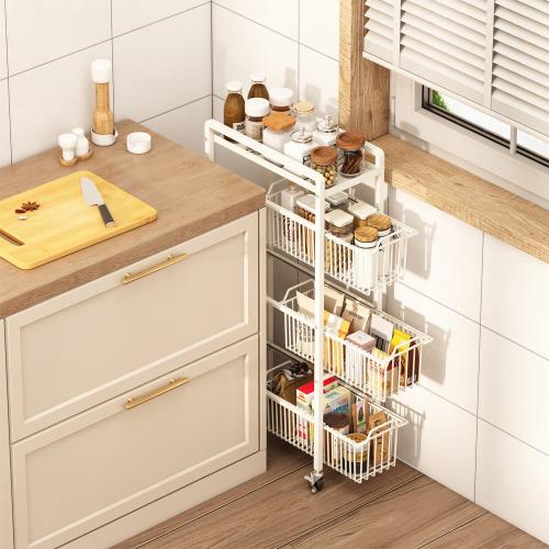 AOTTO 四層可抽拉附輪夾縫收納架(推車 收納架 置物架 層架 收納籃)