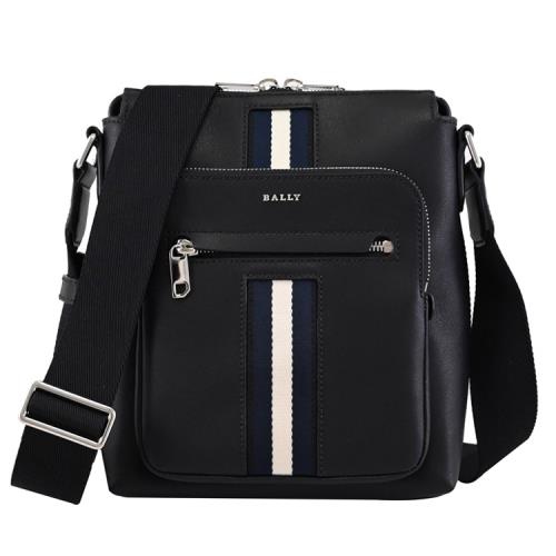 BALLY 6310079 HARISON 浮雕LOGO織帶牛皮拉鍊斜背包.黑