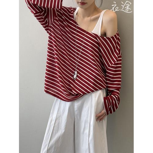 【衣途】寬鬆條紋天絲羊毛T恤女上衣(百搭/透氣/舒適/2色/KDTY-B320)