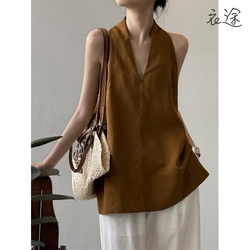【衣途】簡約亞麻天絲v領無袖襯衫女上衣(百搭/透氣/舒適/3色/M-L/KDTY-B316)