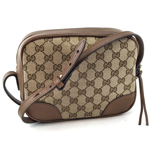 九成新--GUCCI 焦糖色牛皮搭雙G布料肩背斜背八卡相機包