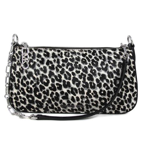 MICHAEL KORS EMPIRE銀字LOGO豹紋搭配皮革滾邊肩背包