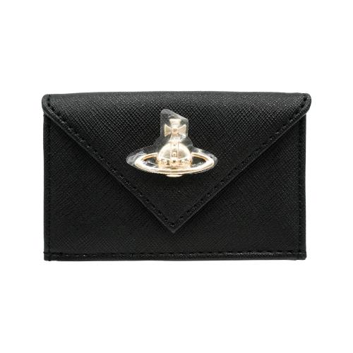 Vivienne Westwood 防刮皮革星球金logo雙釦式迷你短夾(黑)