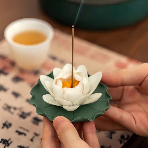 陶瓷蓮花線香擺件 白色蓮花荷葉香插
