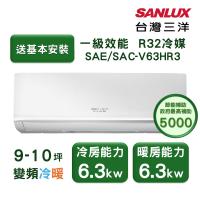 【家電速配 台灣三洋SanLux】經典型9-10坪 環保節能一級直流變頻健康冷暖分離式冷氣 (SAE /SAC-V63HR3)