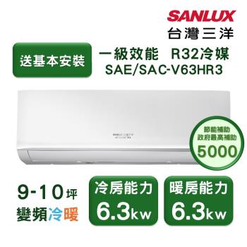 【家電速配 臺灣三洋SanLux】經典型9-10坪 環保節能一級直流變頻健康冷暖分離式冷氣 (SAE /SAC-V63HR3)