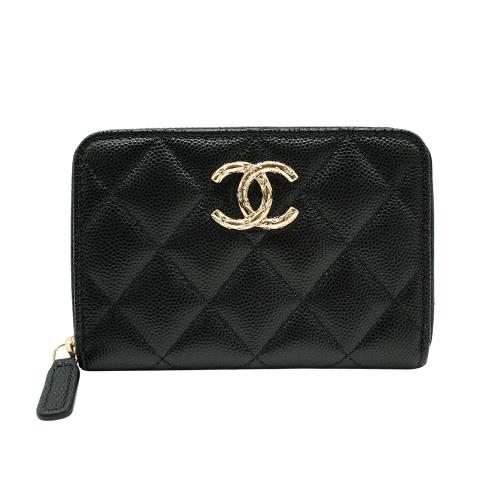 Chanel 粒紋牛皮淡金刻紋logo拉鍊零錢包(AP3977-黑)