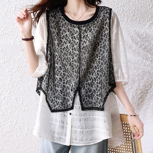 麗質達人 - 9956黑白色假二件上衣-LY