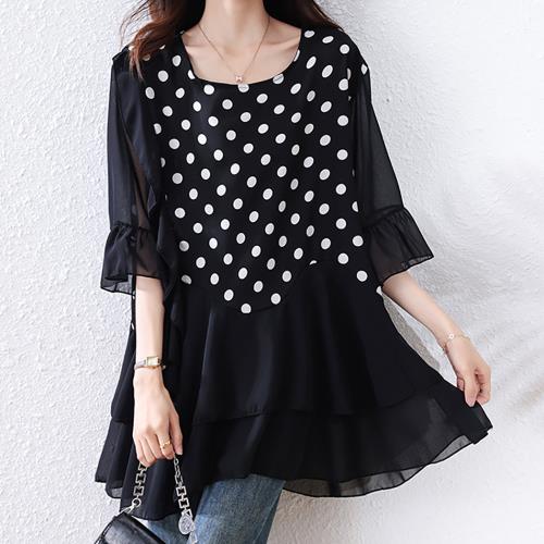 麗質達人 - 8038黑色波點假二件上衣-LY