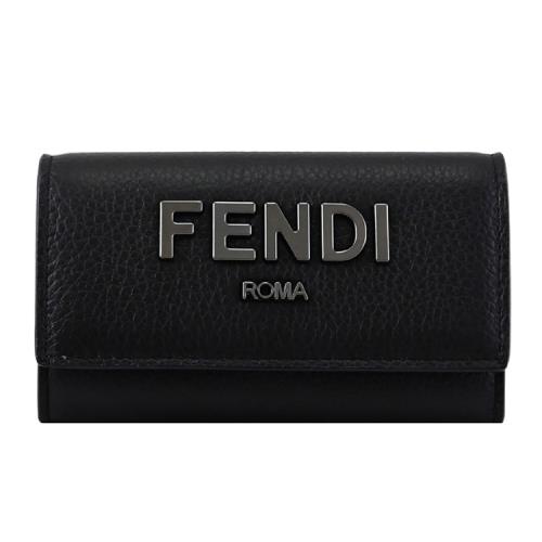 FENDI 7AP011 品牌浮雕LOGO荔枝牛皮六孔鑰匙包.黑