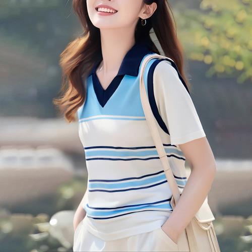 【ALLK 歐楷】新品 翻領配色針織衫上衣 共2色(尺寸F/中大尺碼/涼爽/透氣)