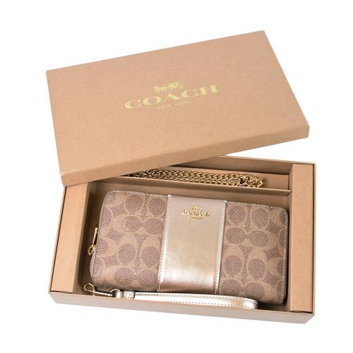 COACH 配色緹花LOGO防刮皮革手掛式拉鍊長夾禮盒-淡香檳金/附愛心鍊帶