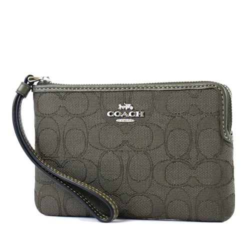 COACH 緹花LOGO布拉鍊手拿包-橄欖綠