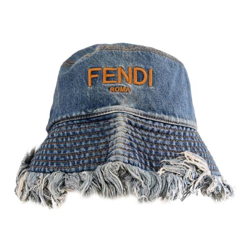 FENDI 電繡LOGO丹寧毛邊棉質漁夫帽/遮陽帽.牛仔藍