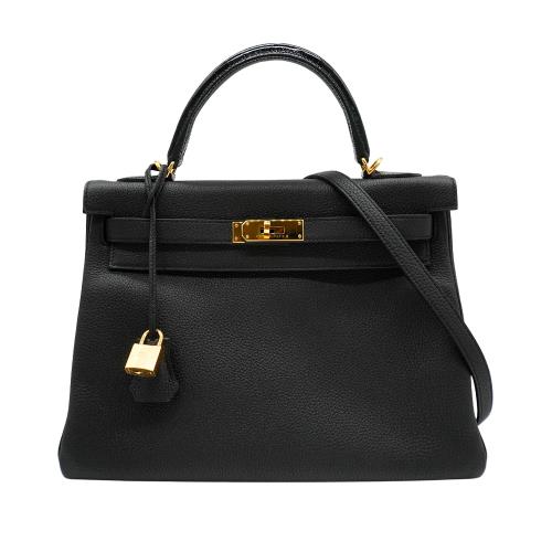 二手品 Hermes Kelly 32 牛皮拚鱷魚提把金扣兩用包(D刻/黑)