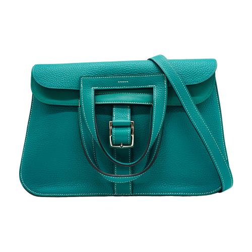 二手品 Hermes Halzan 31牛皮銀扣手提兩用包 (A刻/孔雀綠)