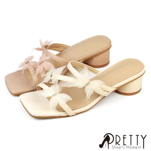 Pretty 女 拖鞋 高跟拖鞋 粗跟 中跟 方頭 水鑽 蝴蝶 仙女風BA-2E553