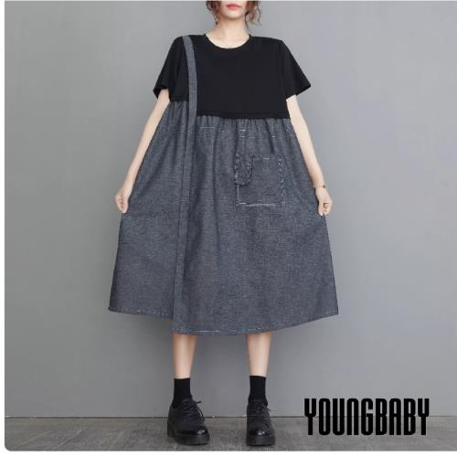 【YOUNGBABY中大碼】圓領拼接牛仔單肩帶假兩件式洋裝 中大尺碼女裝