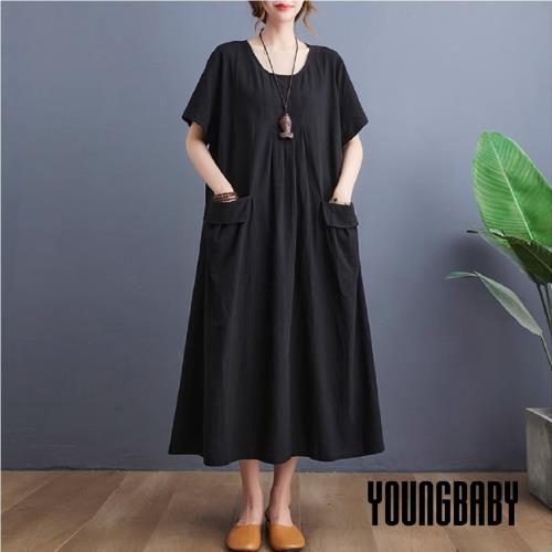 【YOUNGBABY中大碼】圓領反摺口袋棉麻洋裝 中大尺碼女裝