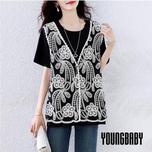 【YOUNGBABY中大碼】蕾絲背心假兩件式上衣 中大尺碼女裝