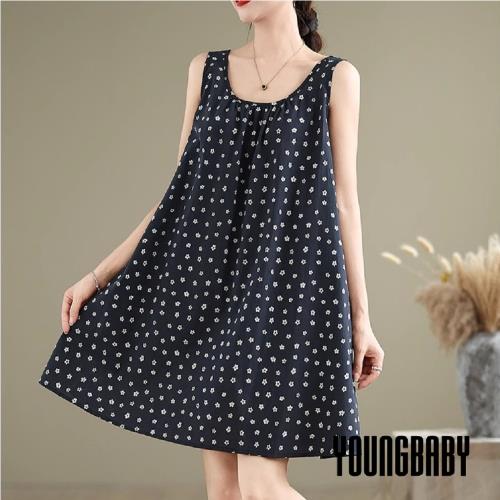 【YOUNGBABY中大碼】圓領打折滿版小花背心洋裝 中大尺碼女裝