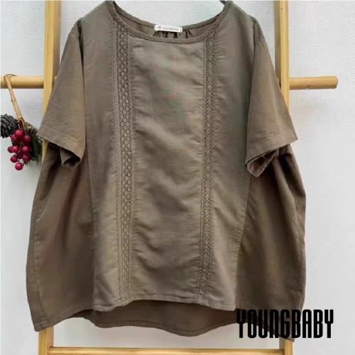 【YOUNGBABY中大碼】圓領拼接雙排蕾絲花邊優雅上衣 中大尺碼女裝
