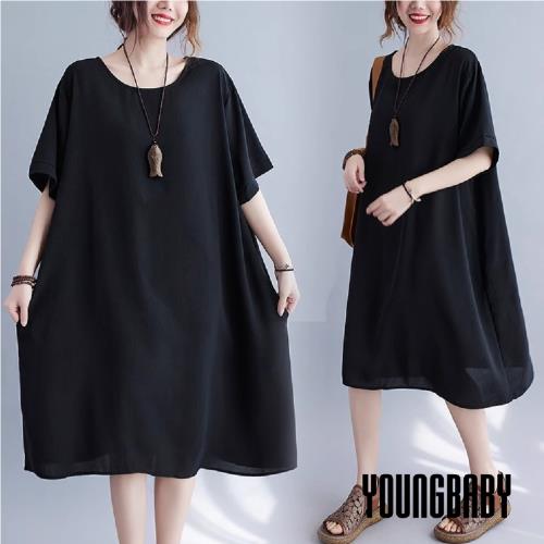 【YOUNGBABY中大碼】大方純黑色口袋寬鬆棉麻洋裝 中大尺碼女裝