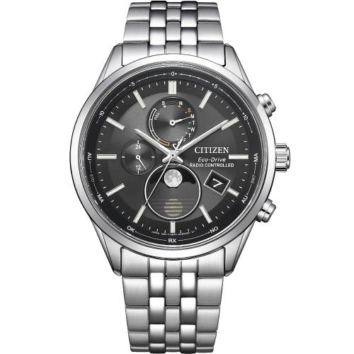 CITIZEN 星辰 光動能萬年曆月相電波錶/黑X銀/42mm/BY1030-50E