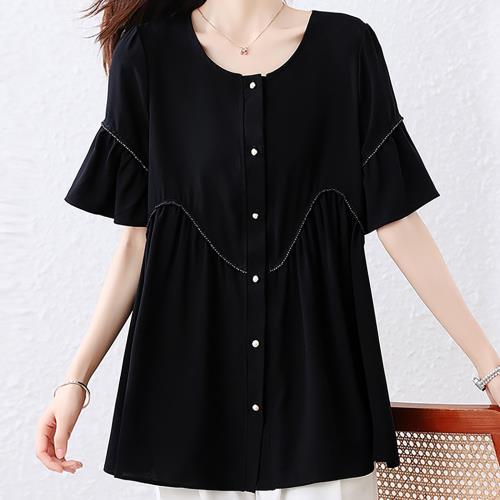 麗質達人 - 566黑色設計款短袖上衣-LY