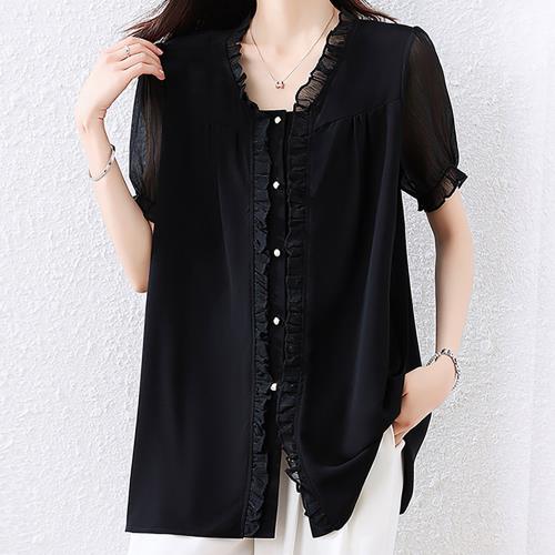 麗質達人 - 567黑色雪紡上衣-LY