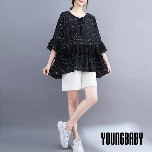 【YOUNGBABY中大碼】胸口綁帶拼接木耳邊荷葉袖娃娃上衣 中大尺碼女裝