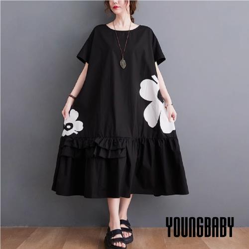 【YOUNGBABY中大碼】大花印花荷葉裙襬洋裝 中大尺碼女裝